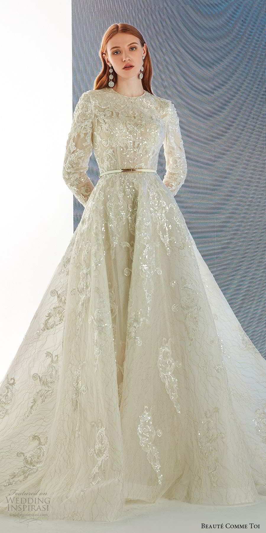 beaute comme toi fall 2021 bridal long sleeves jewel neckline fully embellished a line ball gown wedding dress chapel train (3) lv