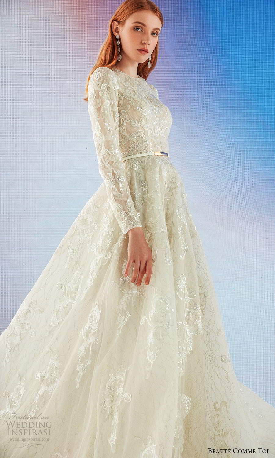 beaute comme toi fall 2021 bridal long sleeves jewel neckline fully embellished a line ball gown wedding dress chapel train (3) mv