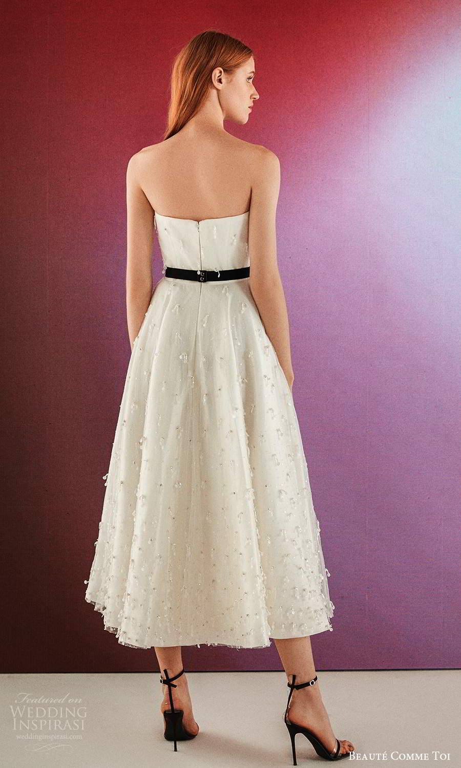 beaute comme toi fall 2021 bridal strapless straight across neckline embellished tea length a line wedding dress (8) bv