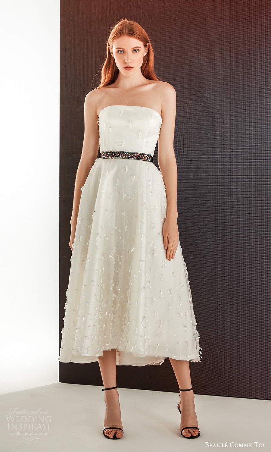 beaute comme toi fall 2021 bridal strapless straight across neckline embellished tea length a line wedding dress (8) mv