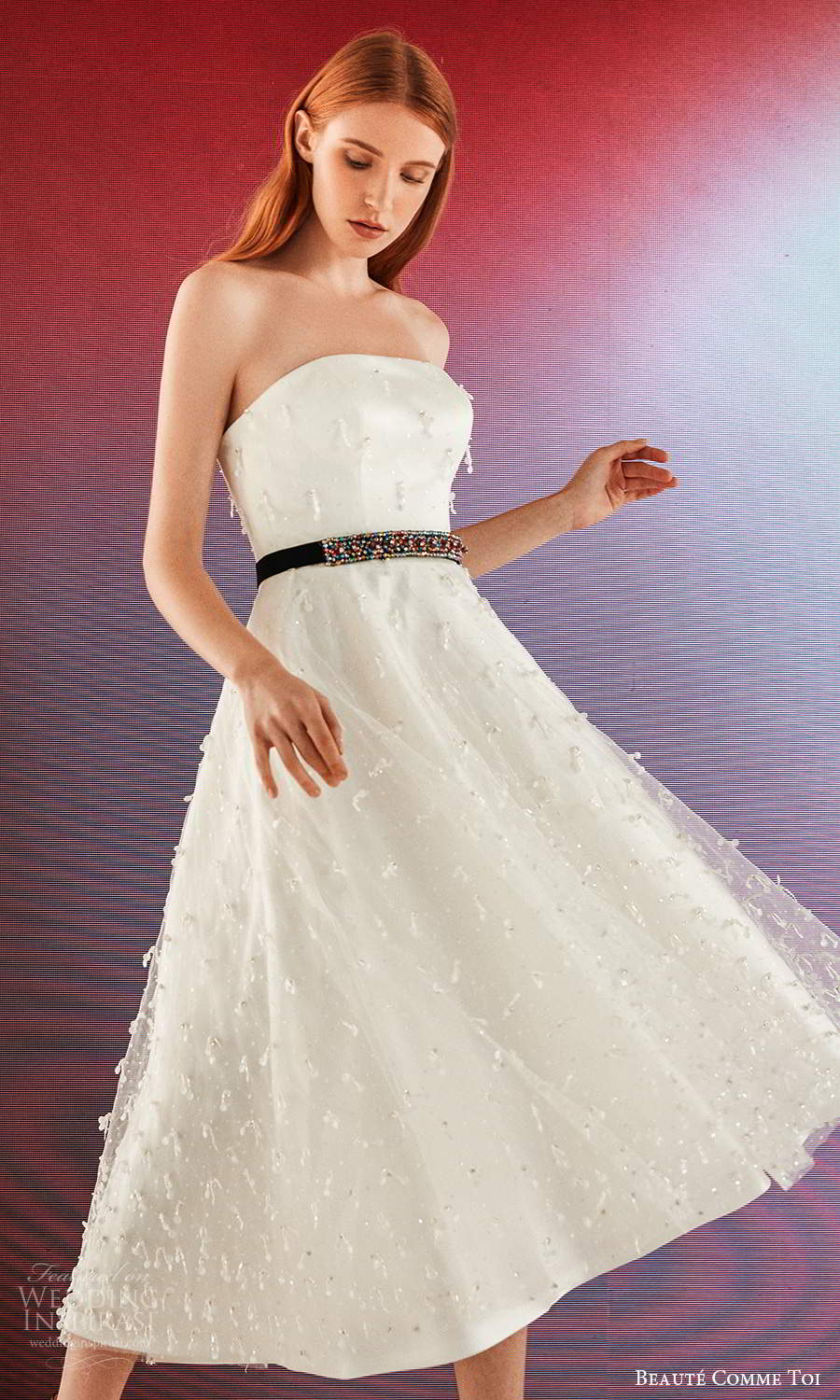 beaute comme toi fall 2021 bridal strapless straight across neckline embellished tea length a line wedding dress (8) sv