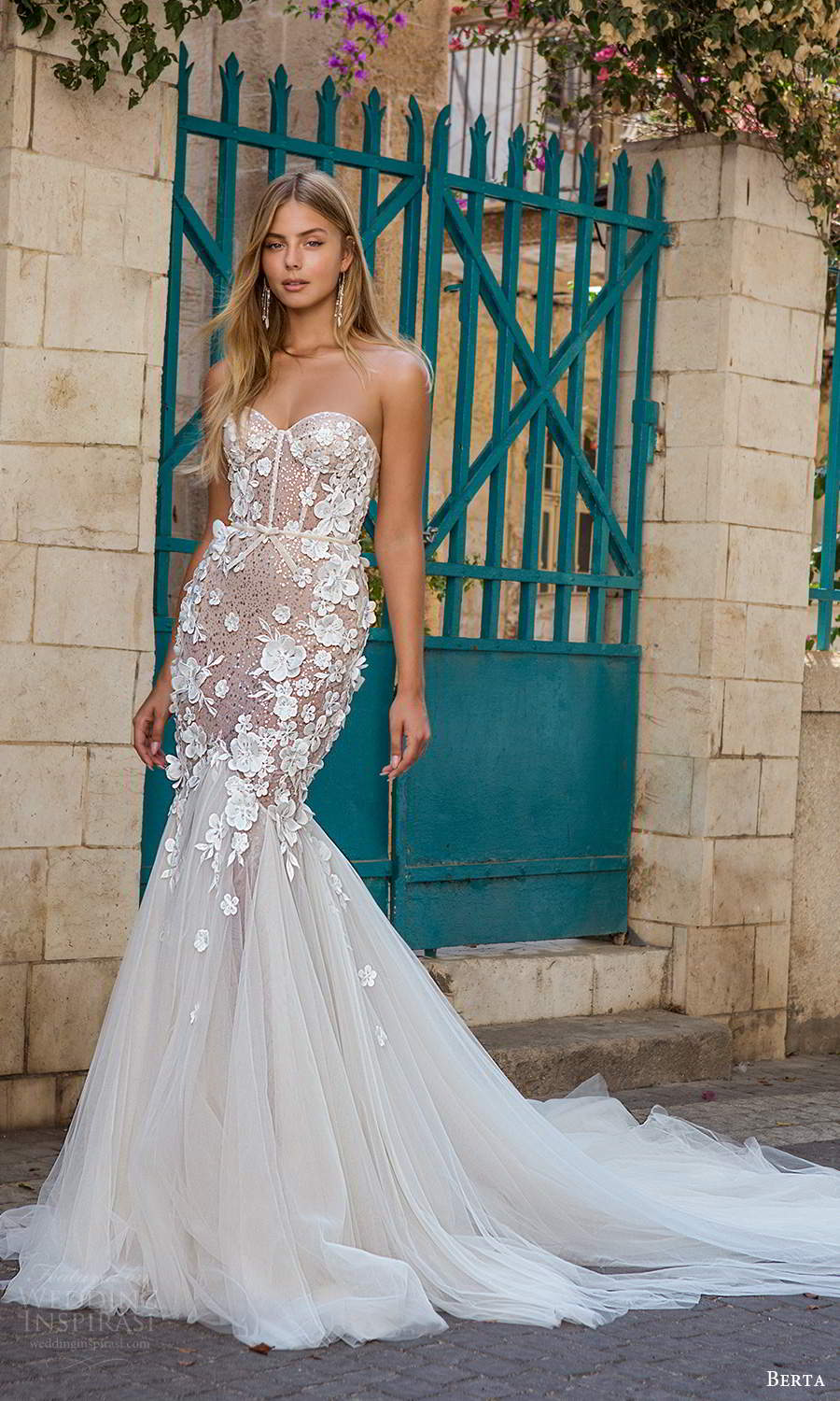 berta fall 2021 privee  bridal strapless sweetheart neckline embellished bodice fit flare mermaid wedding dress chapel train (5) mv