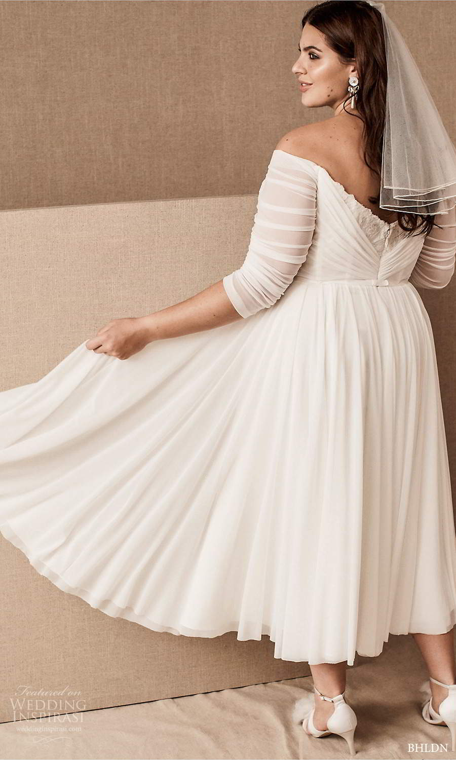 bhldn spring 2021 bridal 3 quarter sleeves off shoulder sweetheart neckline ruched bodice a line tea length plus size wedding dress clean minimalist (6) bv