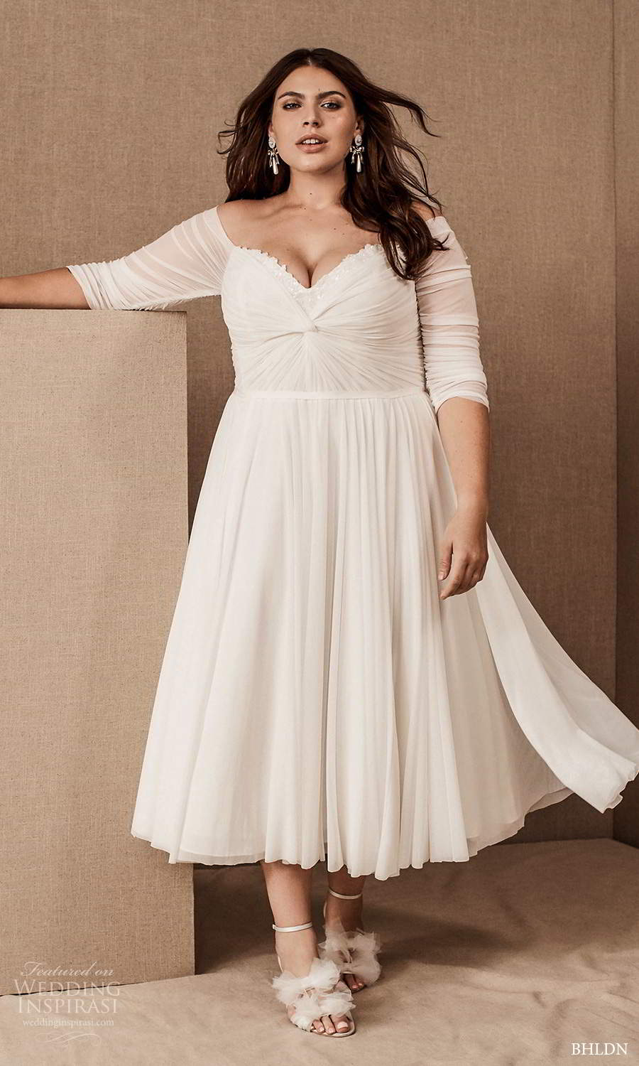 bhldn spring 2021 bridal 3 quarter sleeves off shoulder sweetheart neckline ruched bodice a line tea length plus size wedding dress clean minimalist (6) mv