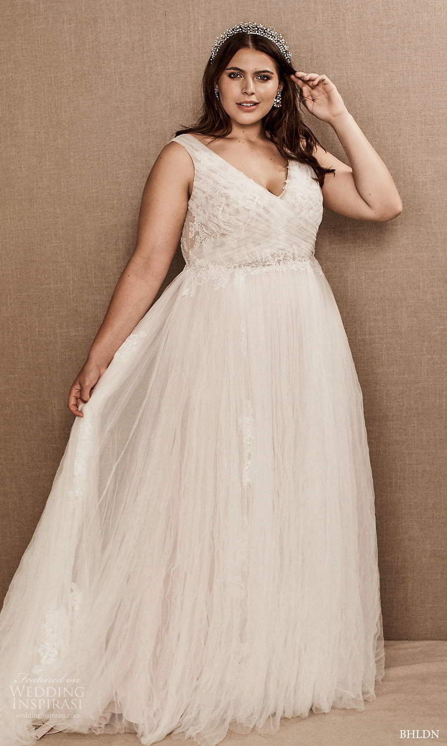 bhldn spring 2021 bridal cap sleeves off shoulder straps v neckline embellished bodice a line ball gown plus wedding dress pleated skirt chapel train v back (5) mv