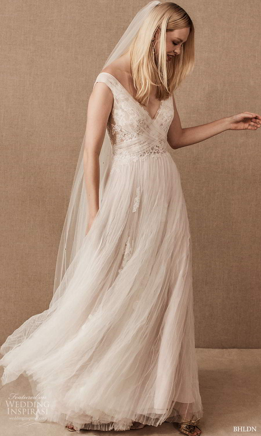 bhldn spring 2021 bridal cap sleeves off shoulder straps v neckline embellished bodice a line wedding dress pleated skirt chapel train (5) mv