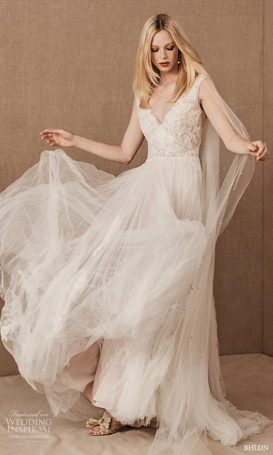 bhldn spring 2021 bridal cap sleeves off shoulder straps v neckline embellished bodice a line wedding dress pleated skirt chapel train v back (5) fv