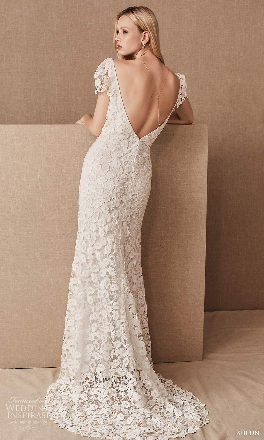 bhldn spring 2021 bridal cap sleeves v neckline fully embellished lace sheath wedding dress chapel train (3) bv