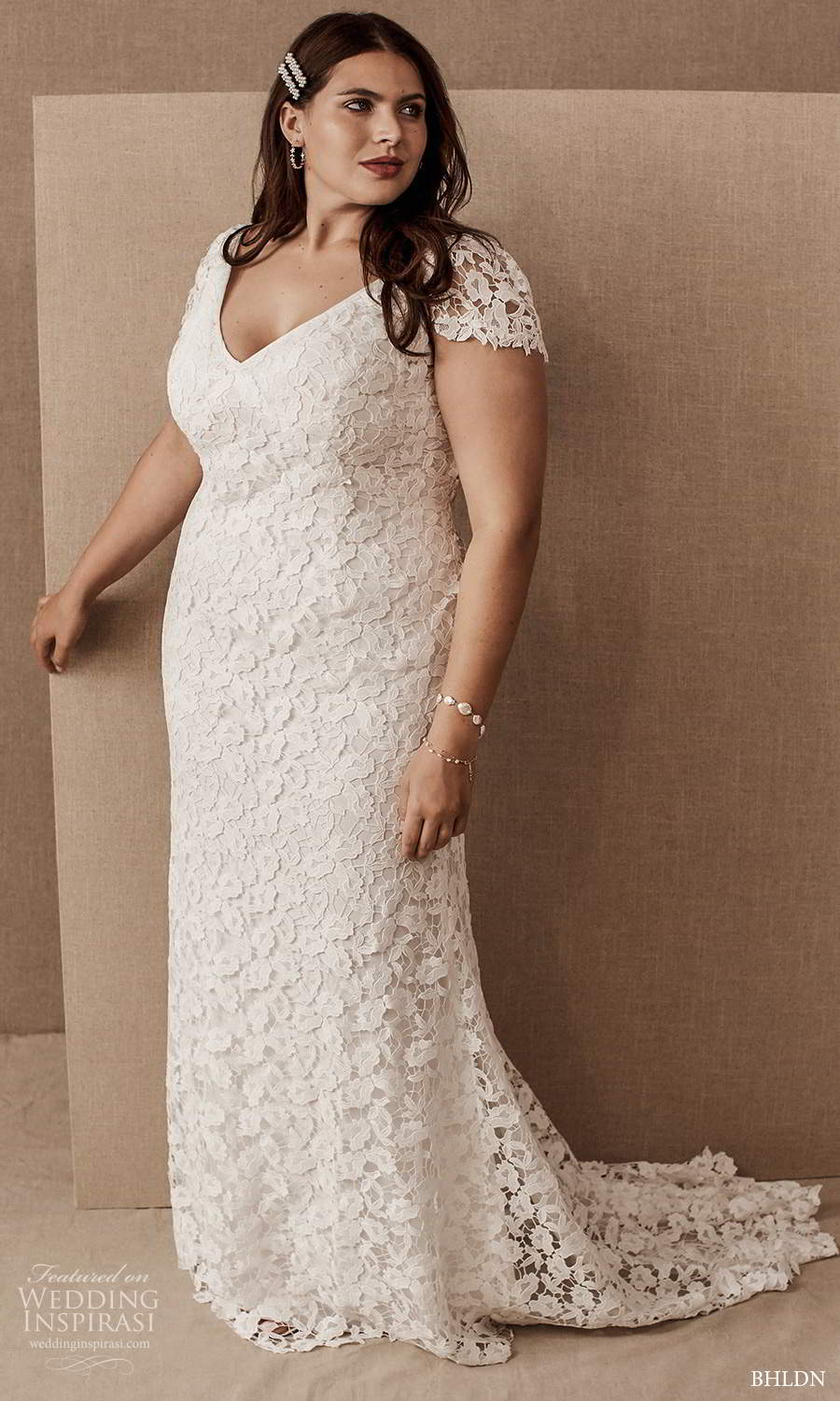 bhldn spring 2021 bridal cap sleeves v neckline fully embellished lace sheath wedding dress chapel train (3) mv