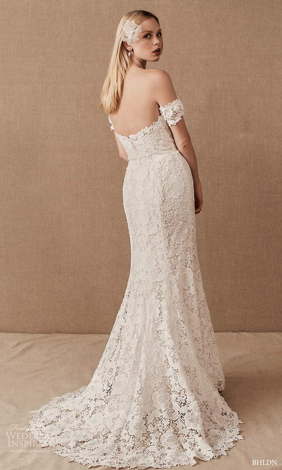 bhldn spring 2021 bridal detached sleeve strapless semi sweetheart neckline fully embellished lace sheath wedding dress sweep train (4) bv