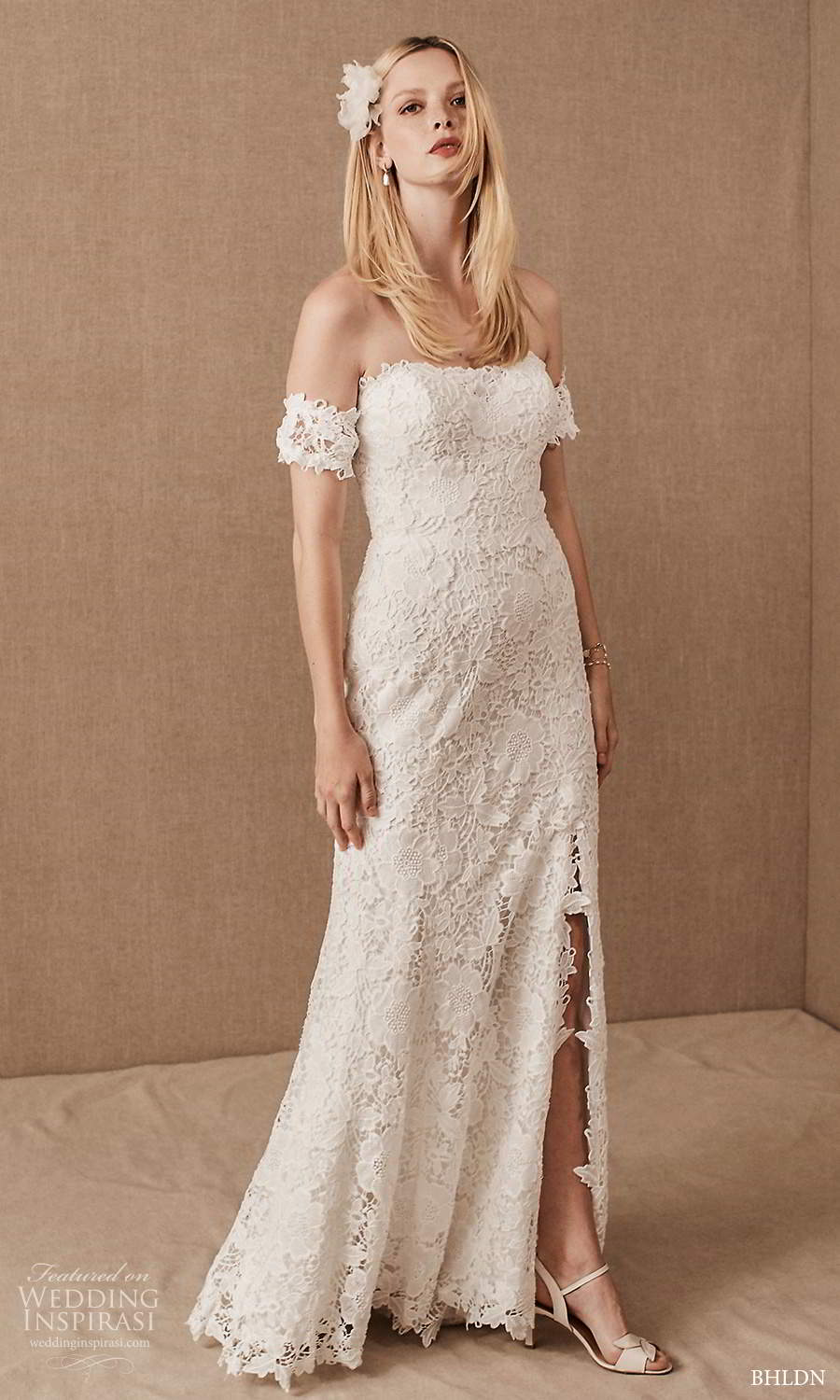 bhldn spring 2021 bridal detached sleeve strapless semi sweetheart neckline fully embellished lace sheath wedding dress sweep train (4) mv