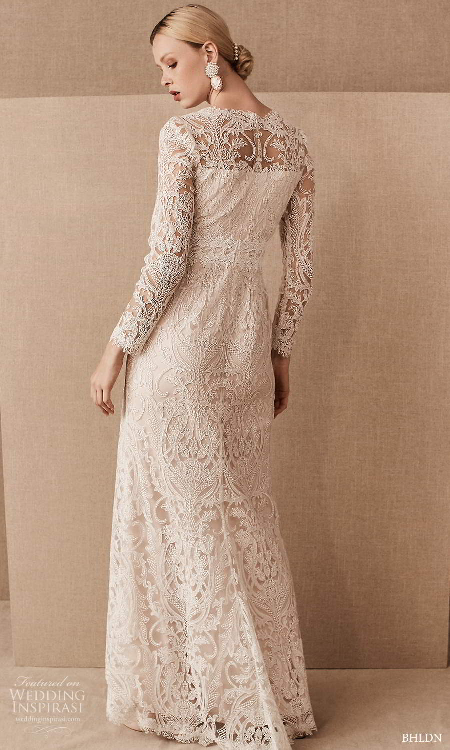 bhldn spring 2021 bridal illusion long sleeves jewel neckline fully embellished lace sheath wedding dress (2) bv