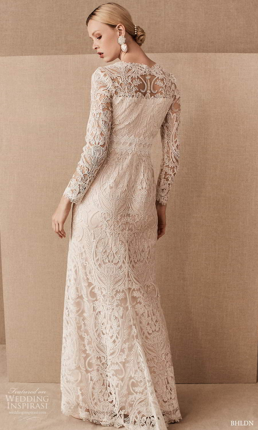 bhldn spring 2021 bridal illusion long sleeves jewel neckline fully embellished lace sheath wedding dress (2) bv bhldn spring 2021 bridal illusion long sleeves jewel neckline fully embellished lace sheath wedding dress (2) bv