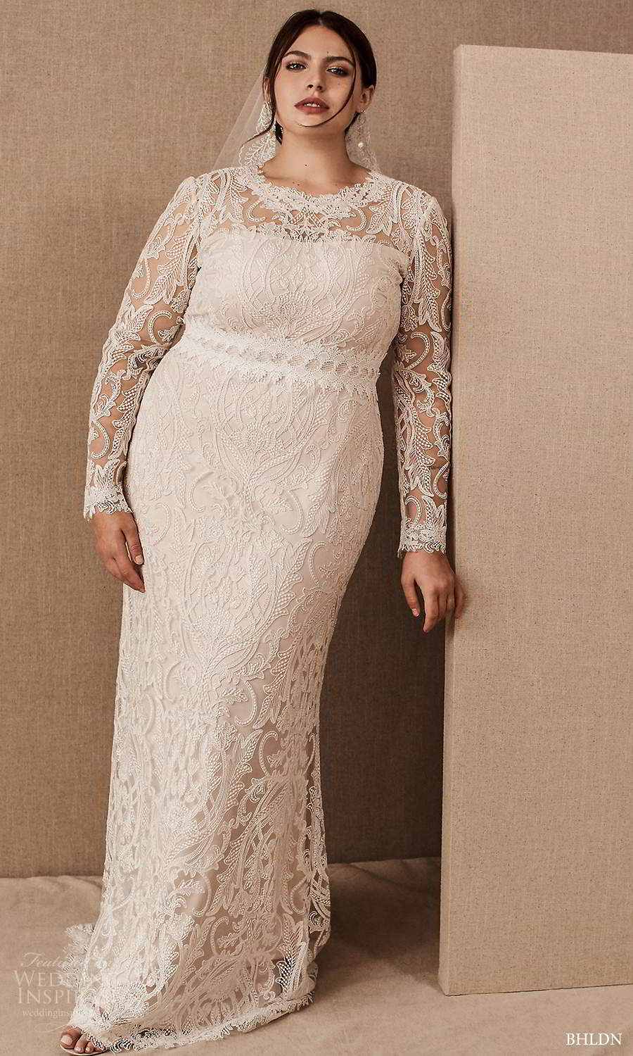 bhldn spring 2021 bridal illusion long sleeves jewel neckline fully embellished lace sheath wedding dress (2) mv