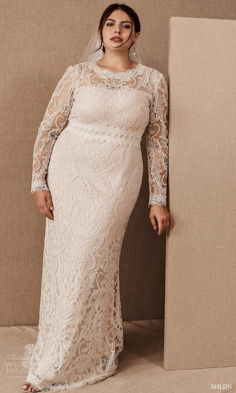 bhldn spring 2021 bridal illusion long sleeves jewel neckline fully embellished lace sheath wedding dress (2) mv bhldn spring 2021 bridal illusion long sleeves jewel neckline fully embellished lace sheath wedding dress (2) mv