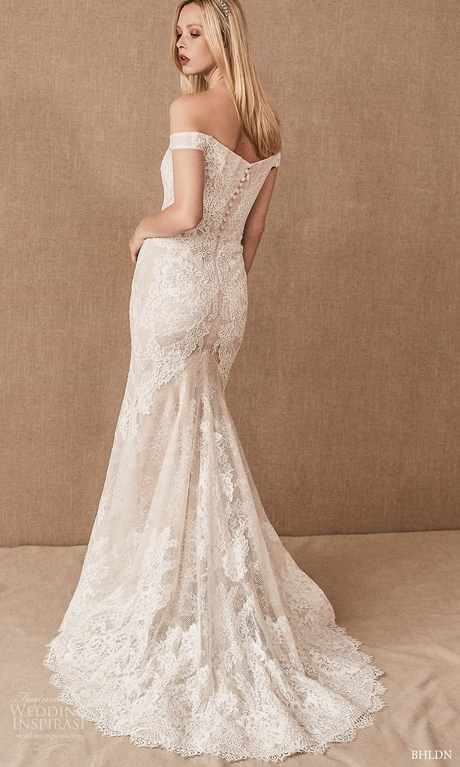 bhldn spring 2021 bridal off shoulder straps semi sweetheart neckline fully embellished fit flare mermaid wedding dress chapel train (7) bv