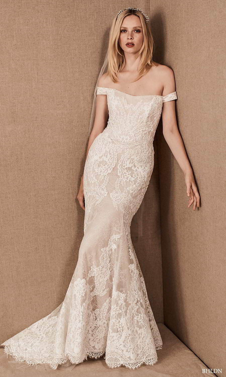 bhldn spring 2021 bridal off shoulder straps semi sweetheart neckline fully embellished fit flare mermaid wedding dress chapel train (7) mv