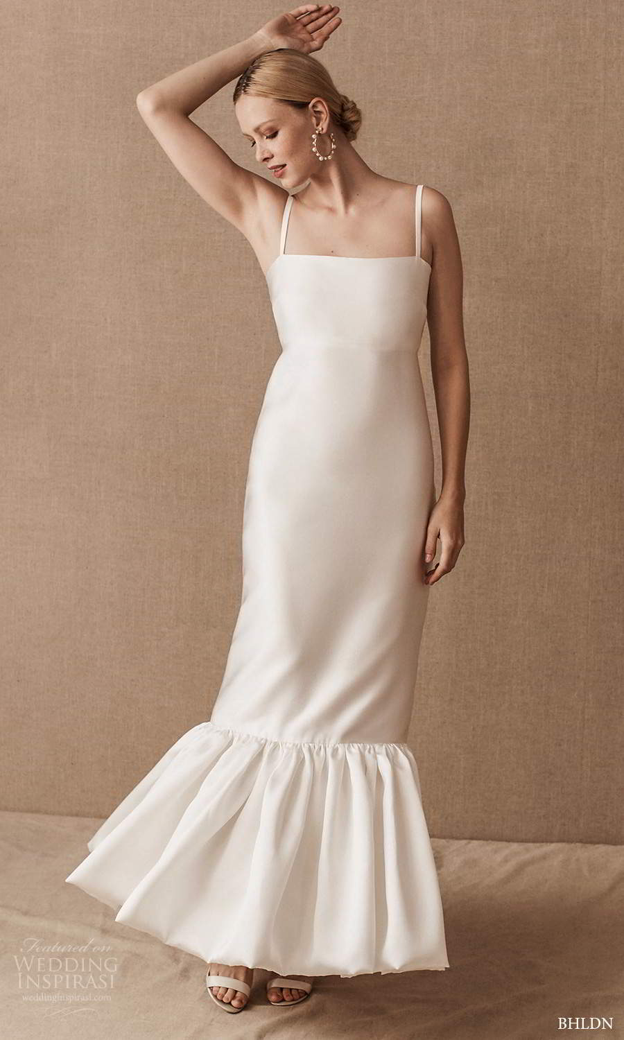 bhldn spring 2021 bridal sleeveless straps square neckline clean minimalist column wedding dress ruffle skirt (10) mv bhldn spring 2021 bridal sleeveless straps square neckline clean minimalist column wedding dress ruffle skirt (10) mv