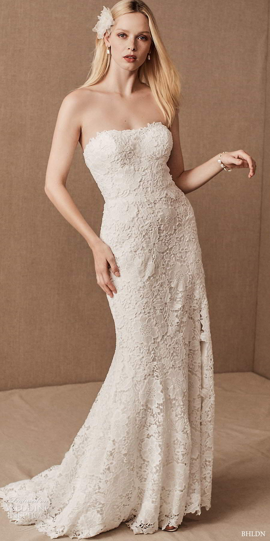 bhldn spring 2021 bridal strapless semi sweetheart neckline fully embellished lace sheath wedding dress sweep train (4) lv