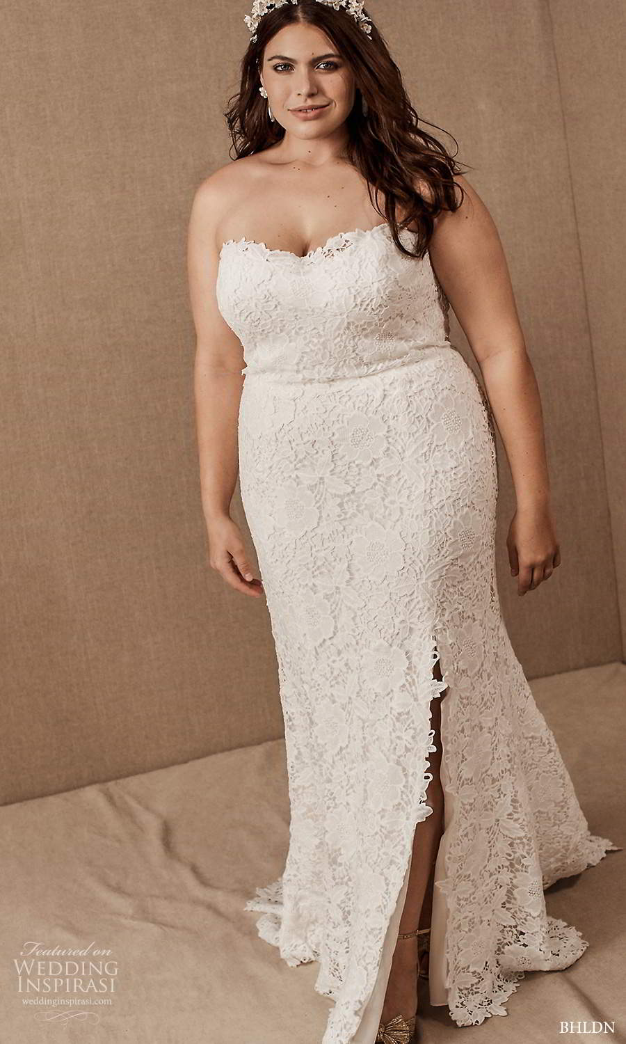 bhldn spring 2021 bridal strapless semi sweetheart neckline fully embellished lace sheath wedding dress sweep train (4) mv