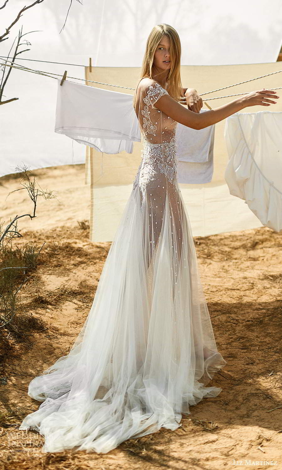 liz martinez fall 2021 bridal cap sleeves off shoulder plunging v necklnie fully embellished a line wedding dress chapel train (2) sv