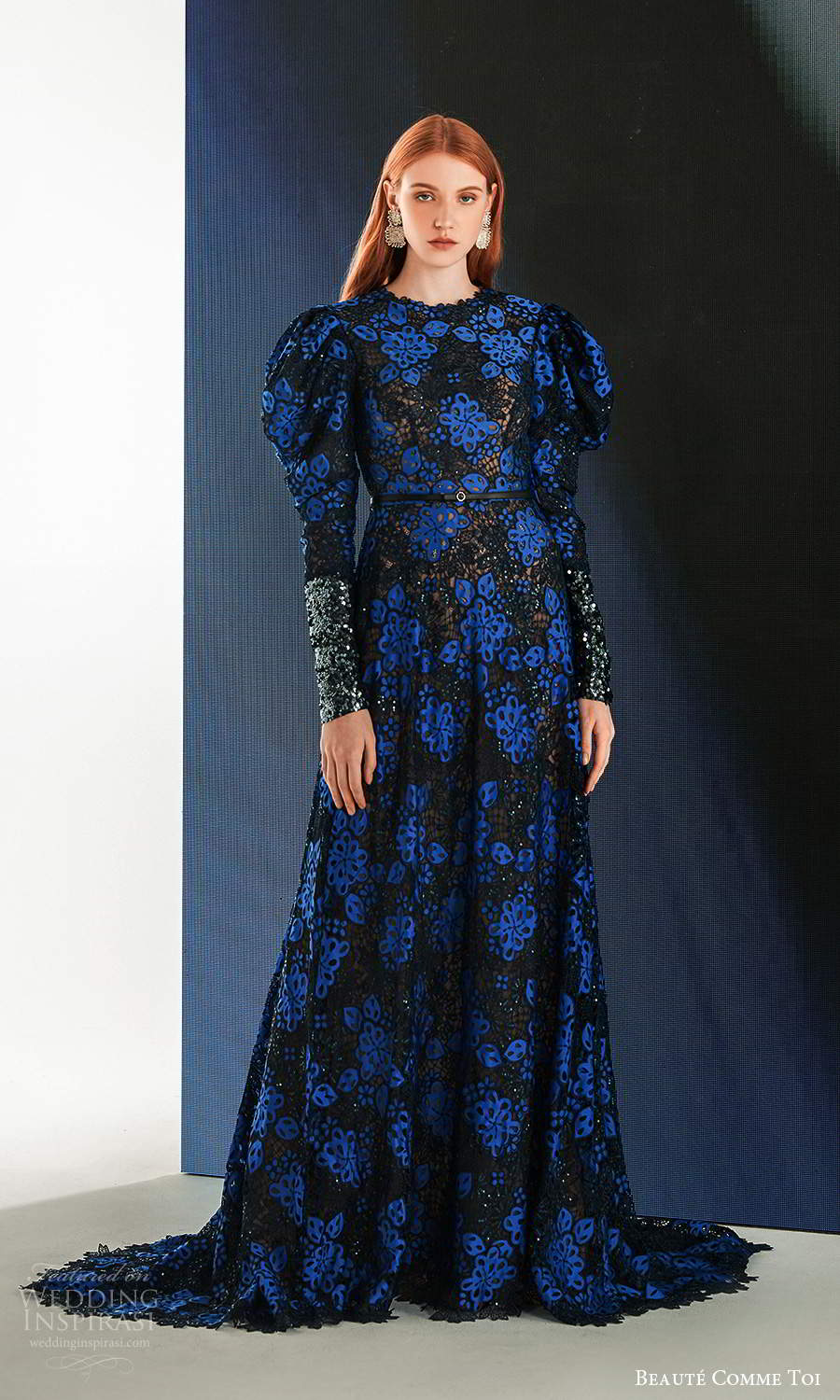 long leg of mutton sleeves jewel neckline fully embellished a line wedding dress blue black chapel train (9) mv