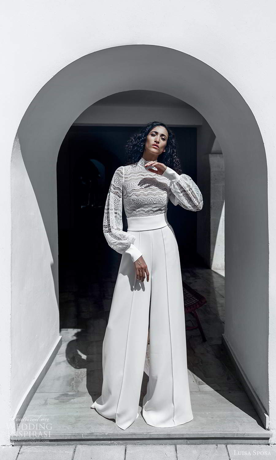 luisa sposa 2021 bridal bishop sleeves high neckline embellished lace top pant wedding dress (11) fv luisa sposa 2021 bridal bishop sleeves high neckline embellished lace top pant wedding dress (11) fv