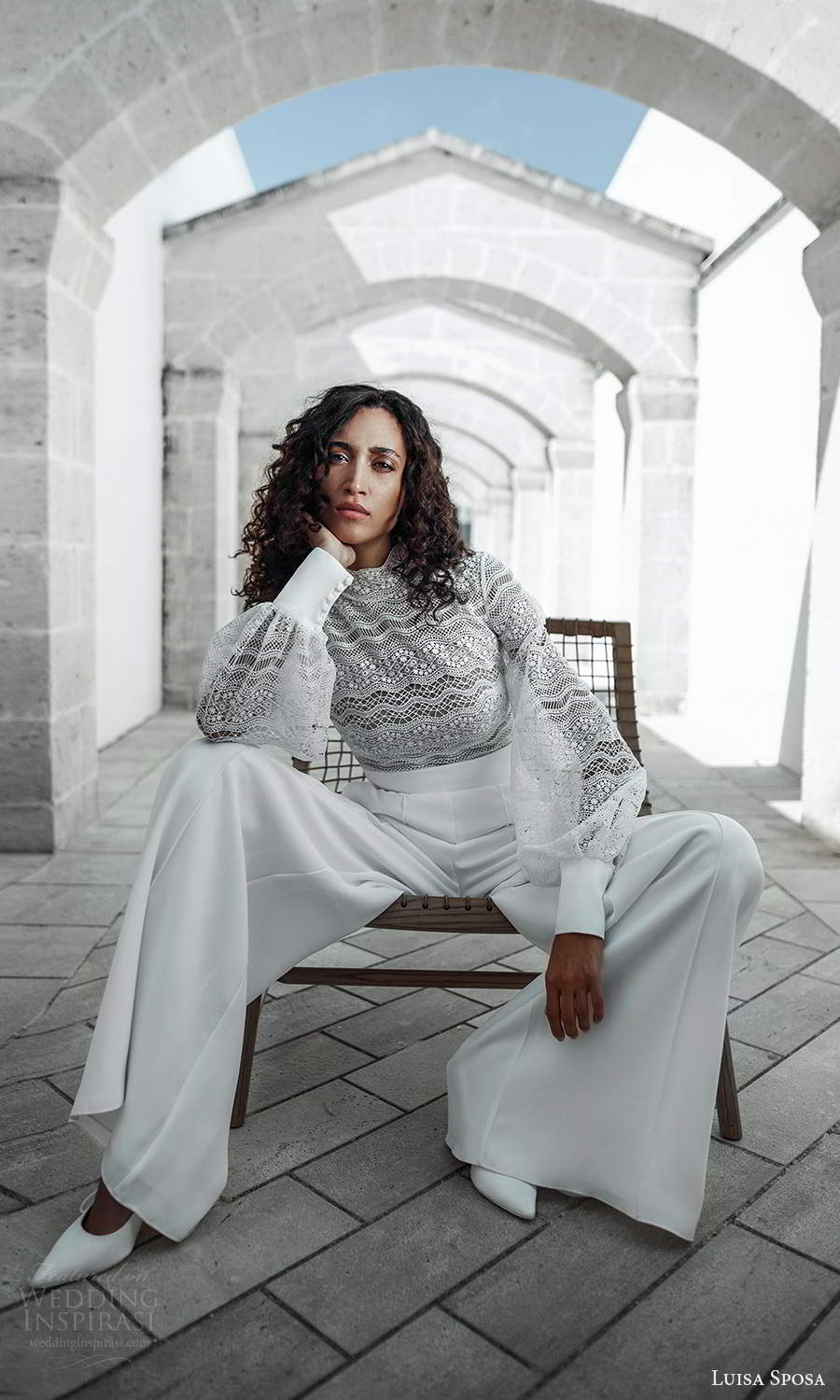 luisa sposa 2021 bridal bishop sleeves high neckline embellished lace top pant wedding dress (11) mv luisa sposa 2021 bridal bishop sleeves high neckline embellished lace top pant wedding dress (11) mv