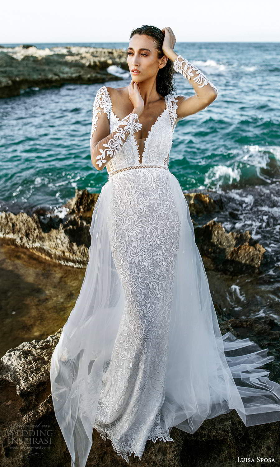 luisa sposa 2021 bridal illusion long sleeves plunging v neckline fully embellished lace sheath wedding dress a line overskirt chapel train (7) mv luisa sposa 2021 bridal illusion long sleeves plunging v neckline fully embellished lace sheath wedding dress a line overskirt chapel train (7) mv