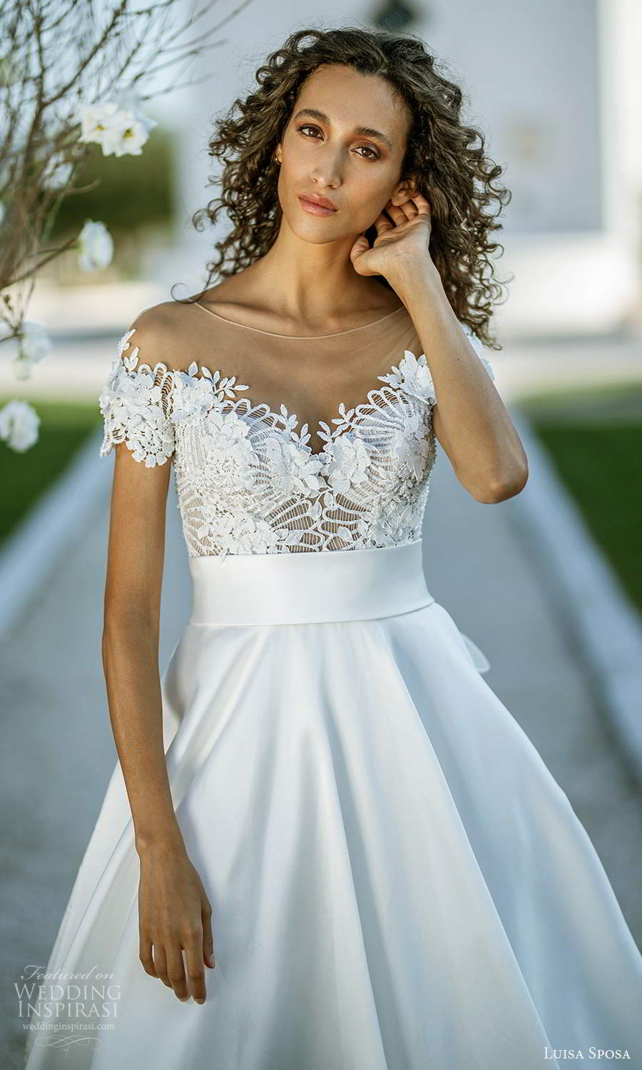 luisa sposa 2021 bridal short sleeve illusion bateau sweetheart neckline embellished bodice clean skirt a line ball gown wedding dress (9) zv