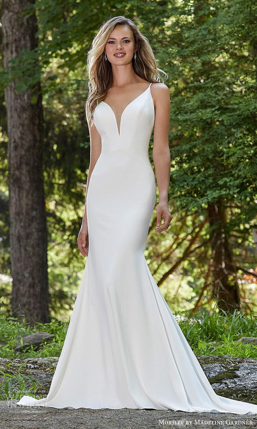 morilee madeline gardner spring 2021 bridal sleeveless straps plunging v neckline clean minimalist fit flare trumpet mermaid wedding dress chapel train cutout back (6) mv