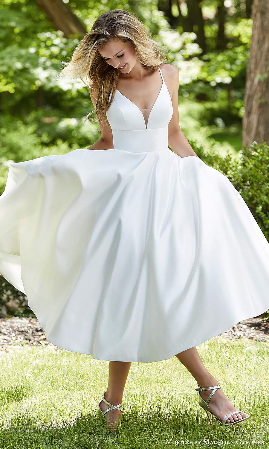 morilee madeline gardner spring 2021 bridal sleeveless straps plunging v neckline clean minimalist modern a line tea length wedding dress (8) mv