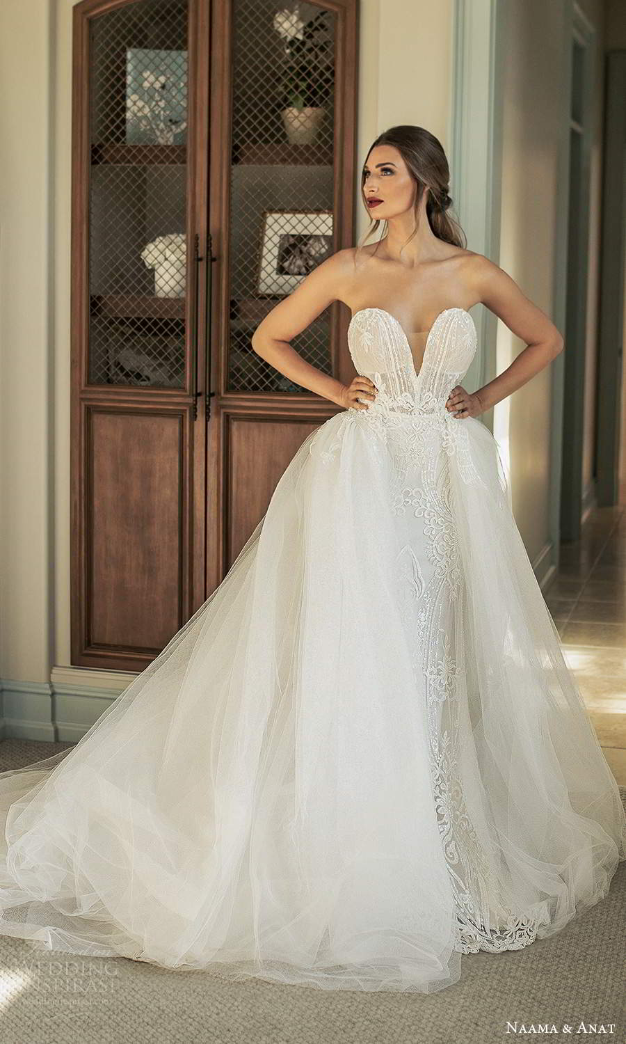 naama and anat fall 2021 bridalstrapless plunging sweetheart neckline fully embellished fit flare mermaid wedding dress chapel train ball gown overskirt (5) mv