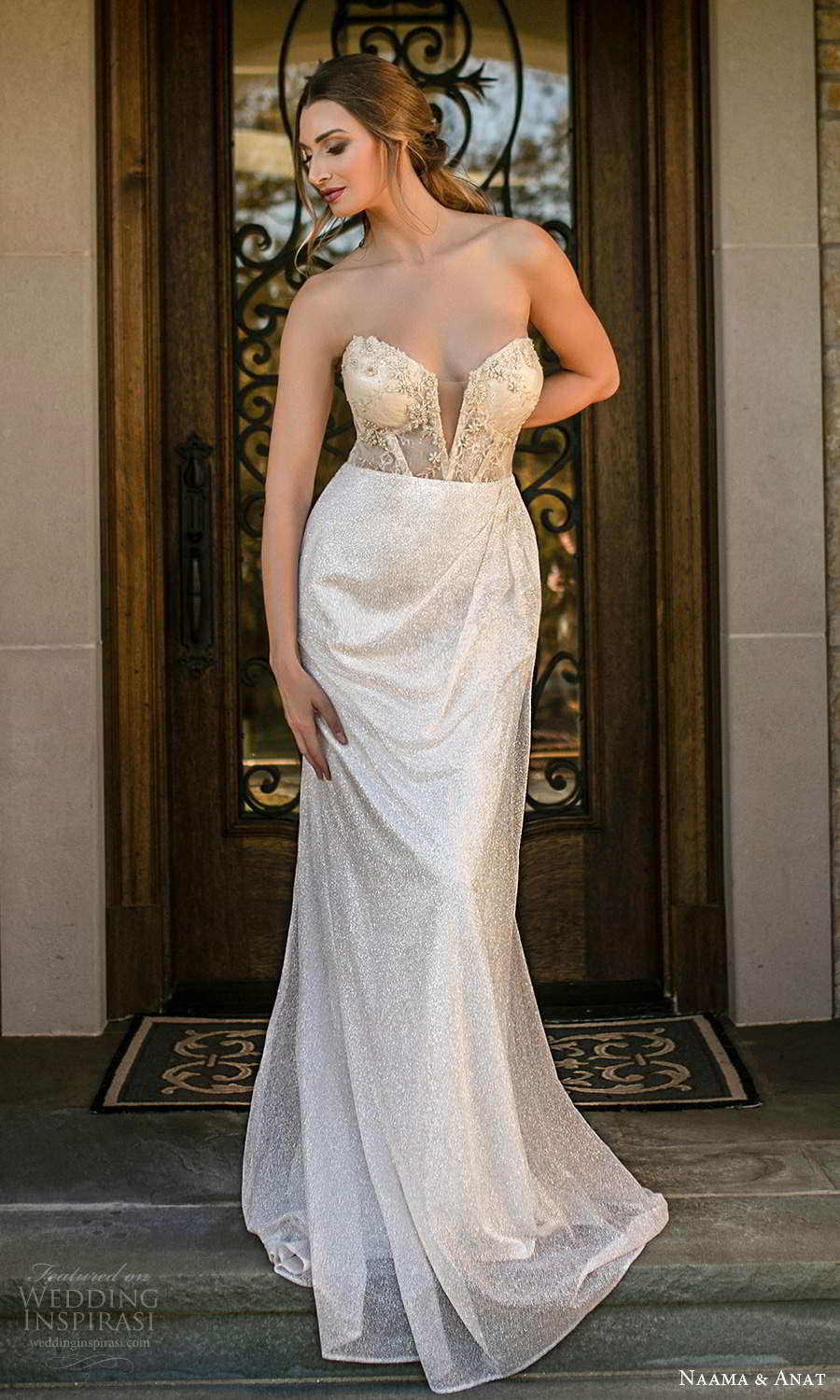 naama and anat fall 2021 bridalstraplress sweetheart neckline fully embellished sheath column wedding dress chapel train sheer back champagne (7) mv