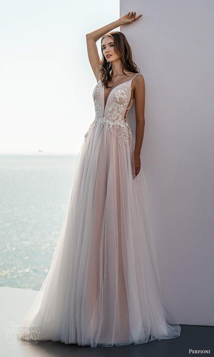 perfioni 2021 bridal sleeveless straps plunging v neckline embellished bodice a line ball gown wedding dress chapel train blush (14) mv
