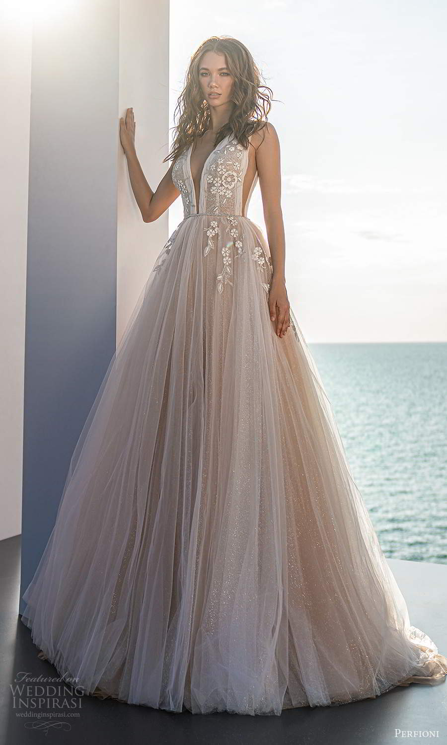 perfioni 2021 bridal sleeveless straps plunging v neckline embellished bodice side cutout a line ball gown wedding dress chapel train (11) mv