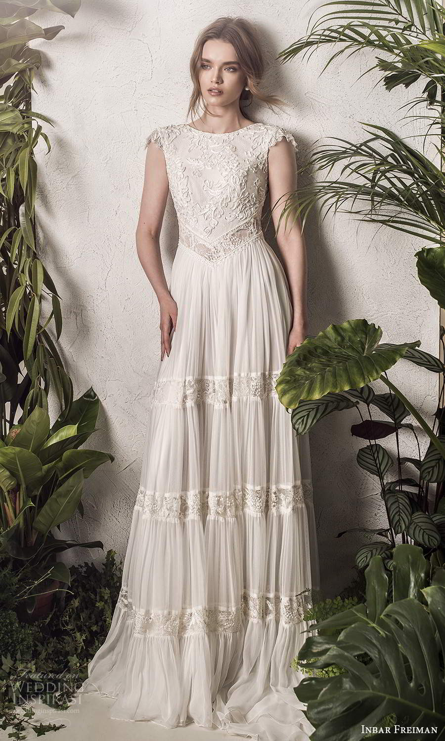 inbar freiman 2021 bridal cap sleeves bateau neckline lace bodice a line wedding dress pleated skirt scoop back chapel train (2) mv