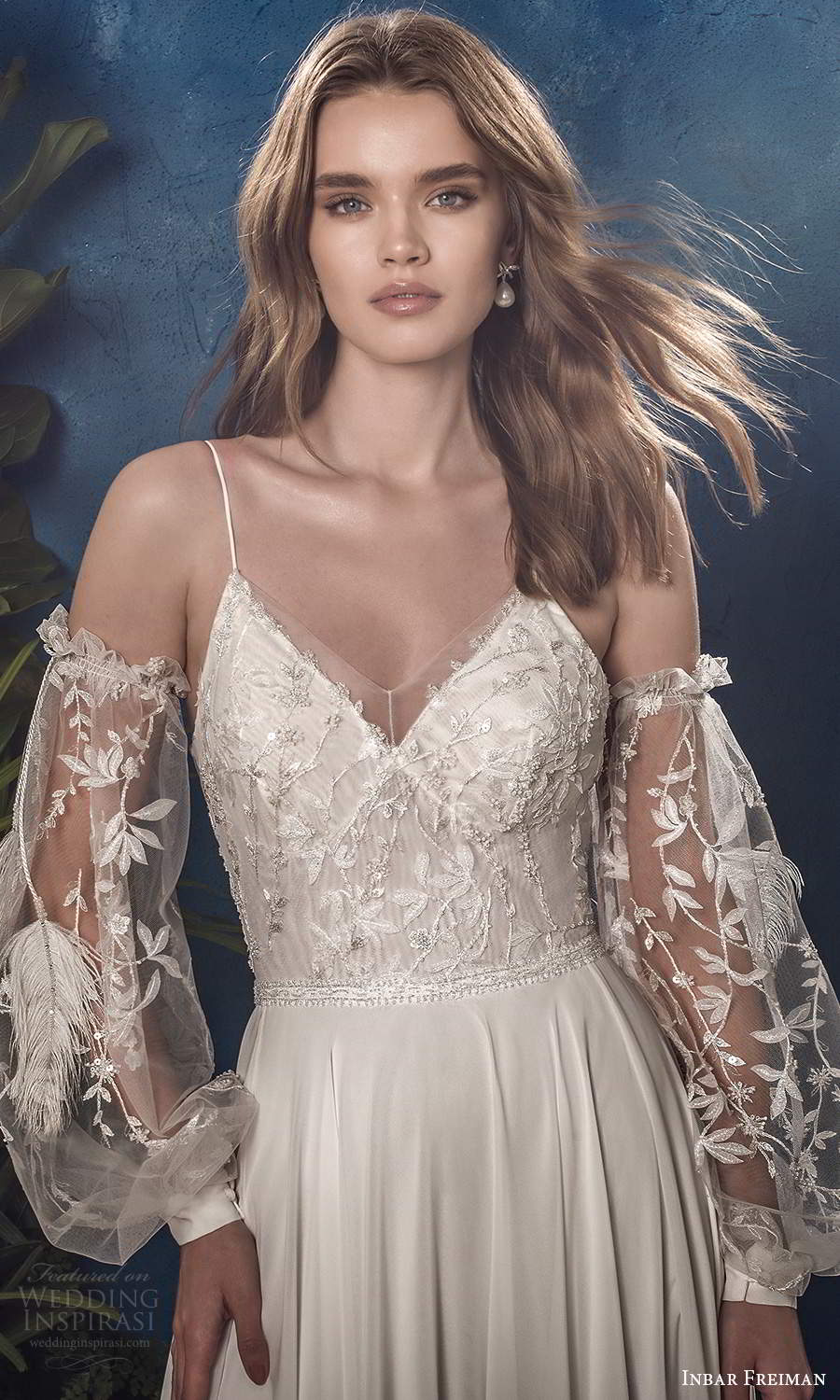 inbar freiman 2021 bridal detached sheer billowy sleeves sleeveless straps v neckline embellished bodice a line wedding dress sweep train (3) zv