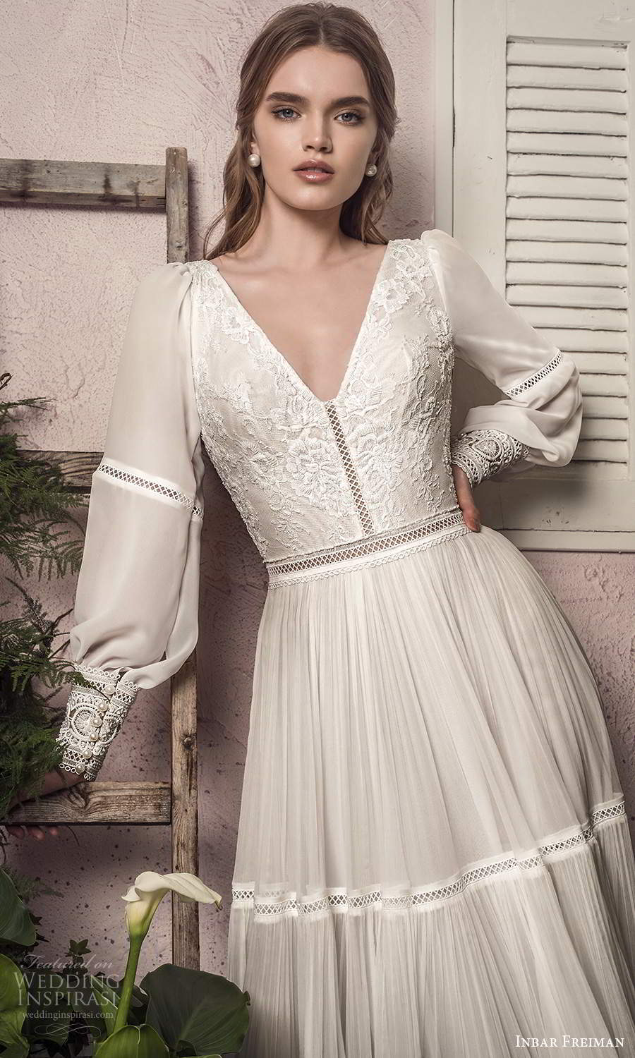 inbar freiman 2021 bridal long bishop sleeve v neckline embellished bodice boho a line wedding dress sweep train (4) fv