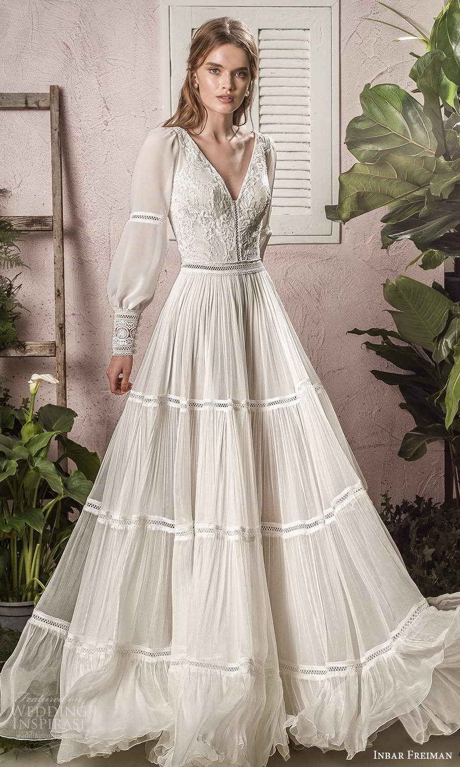 inbar freiman 2021 bridal long bishop sleeve v neckline embellished bodice boho a line wedding dress sweep train (4) mv