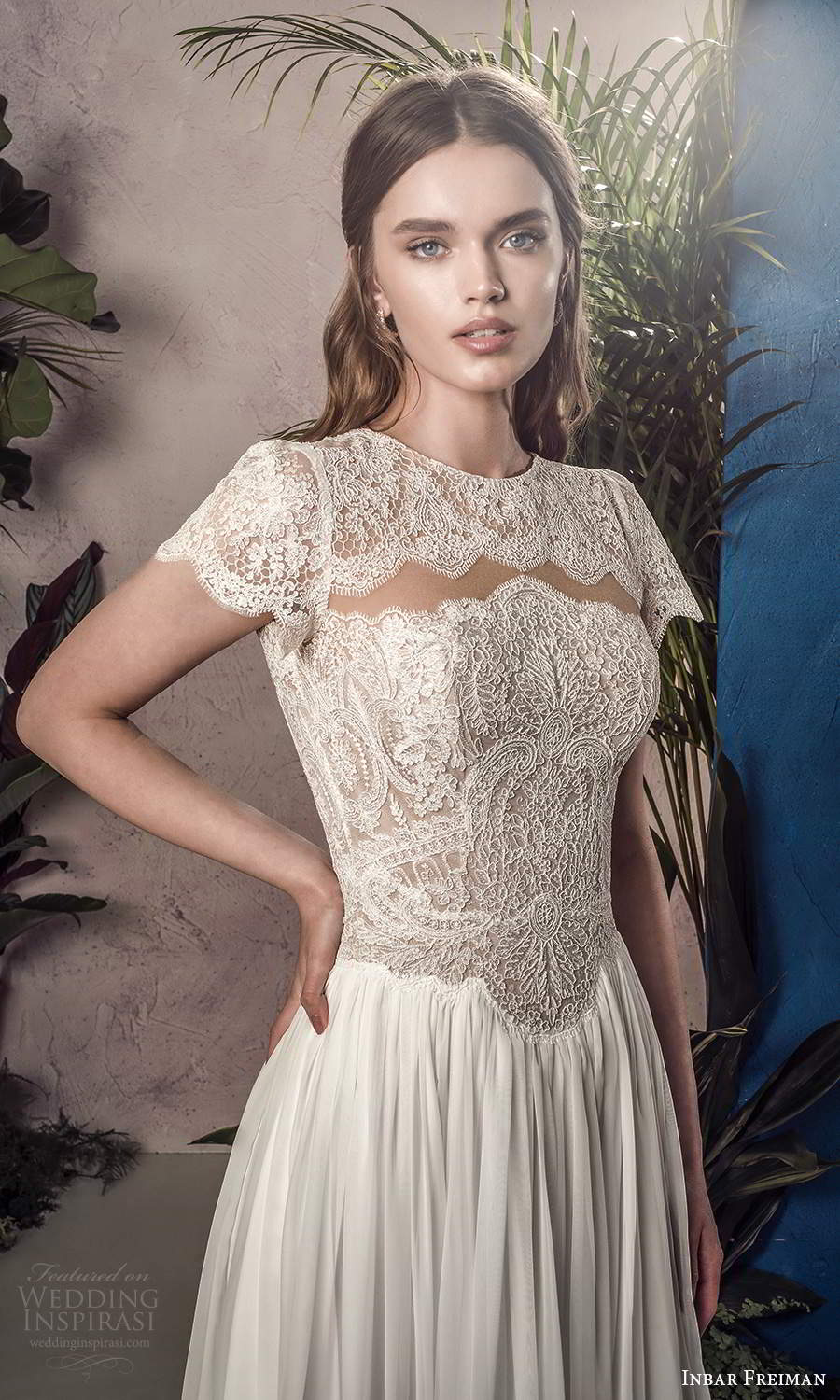 inbar freiman 2021 bridal short sleeves jewel neckline embellished lace bodice a line wedding dress chapel train (5) zv