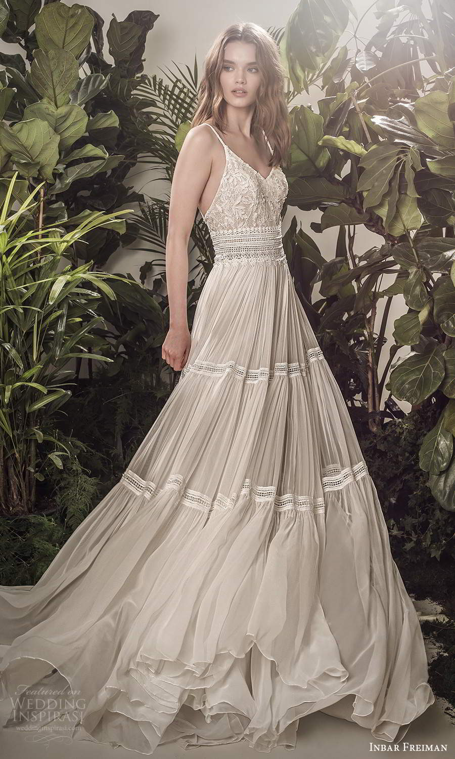 inbar freiman 2021 bridal sleeveless spaghetti straps v neckline embellished lace bodice pleated skirt a line wedding dress sweep train (8) mv