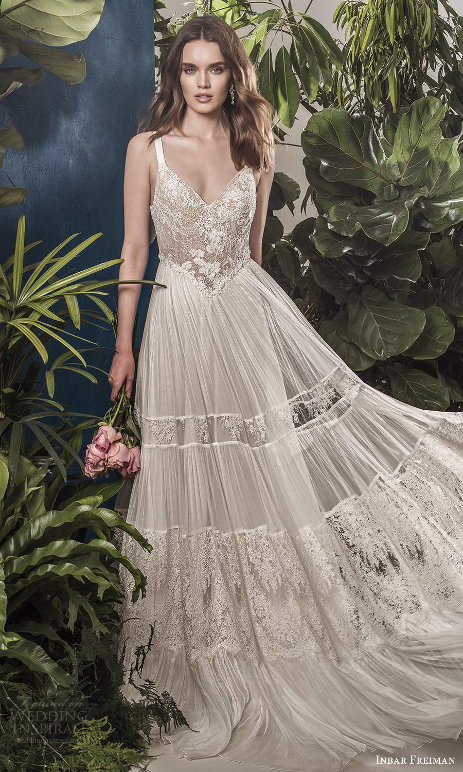 inbar freiman 2021 bridal sleeveless straps v neckline embellished lace bodice pleated skirt boho a line wedding dress scoop back sweep train (10) mv