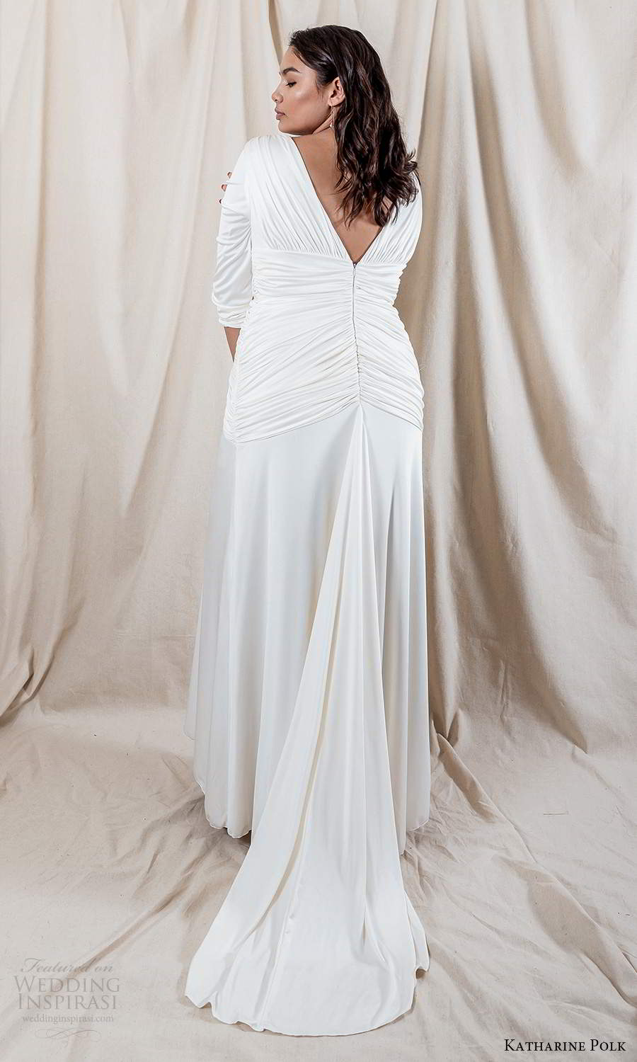 katharine polk 2021 bridal 3 quarter sleeve v neckline ruched bodice clean minimalist column wedding dress chapel train (5) bv katharine polk 2021 bridal 3 quarter sleeve v neckline ruched bodice clean minimalist column wedding dress chapel train (5) bv