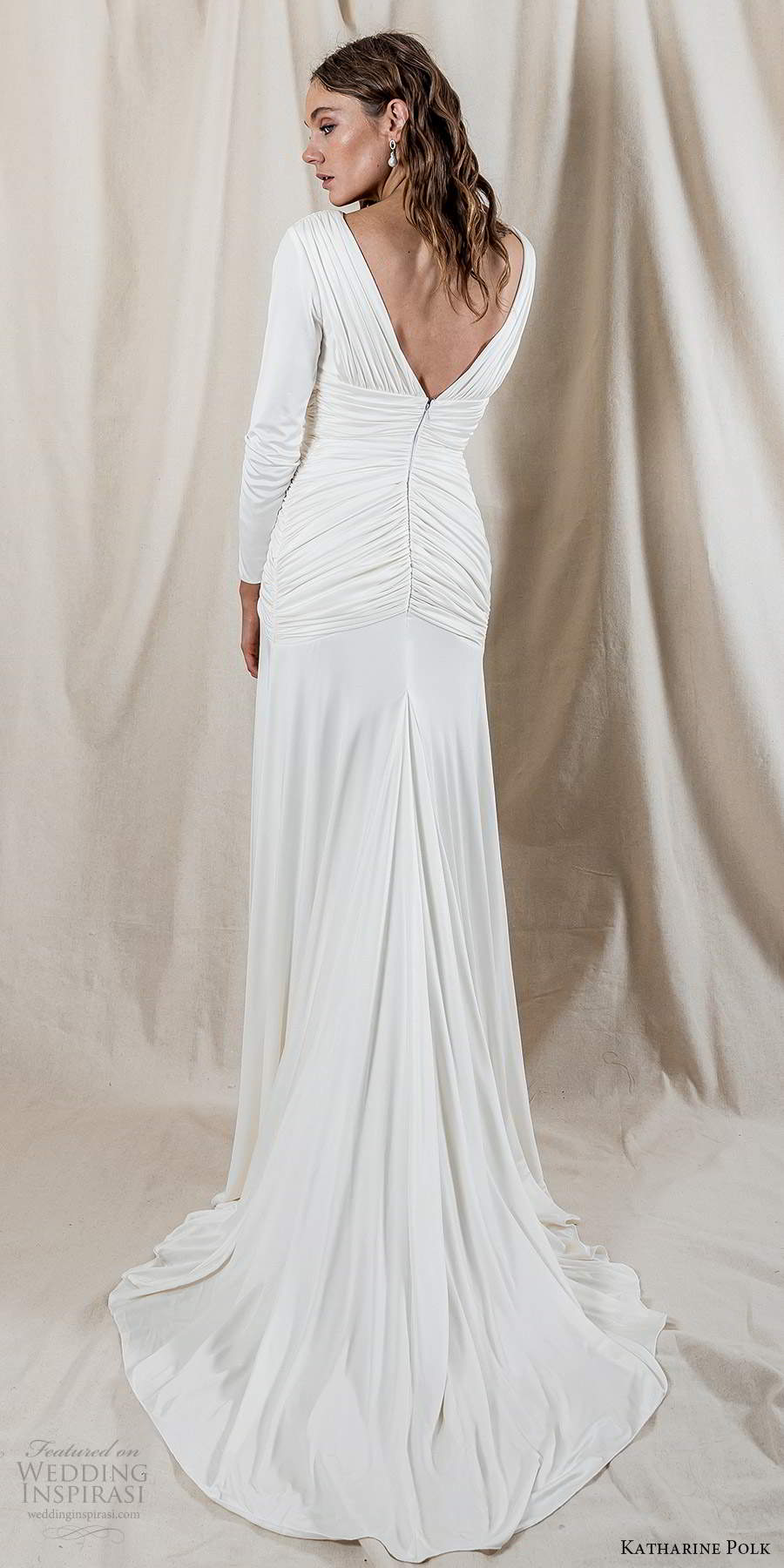 katharine polk 2021 bridal long sleeve v neckline ruched bodice clean minimalist column wedding dress chapel train (5) bv katharine polk 2021 bridal long sleeve v neckline ruched bodice clean minimalist column wedding dress chapel train (5) bv
