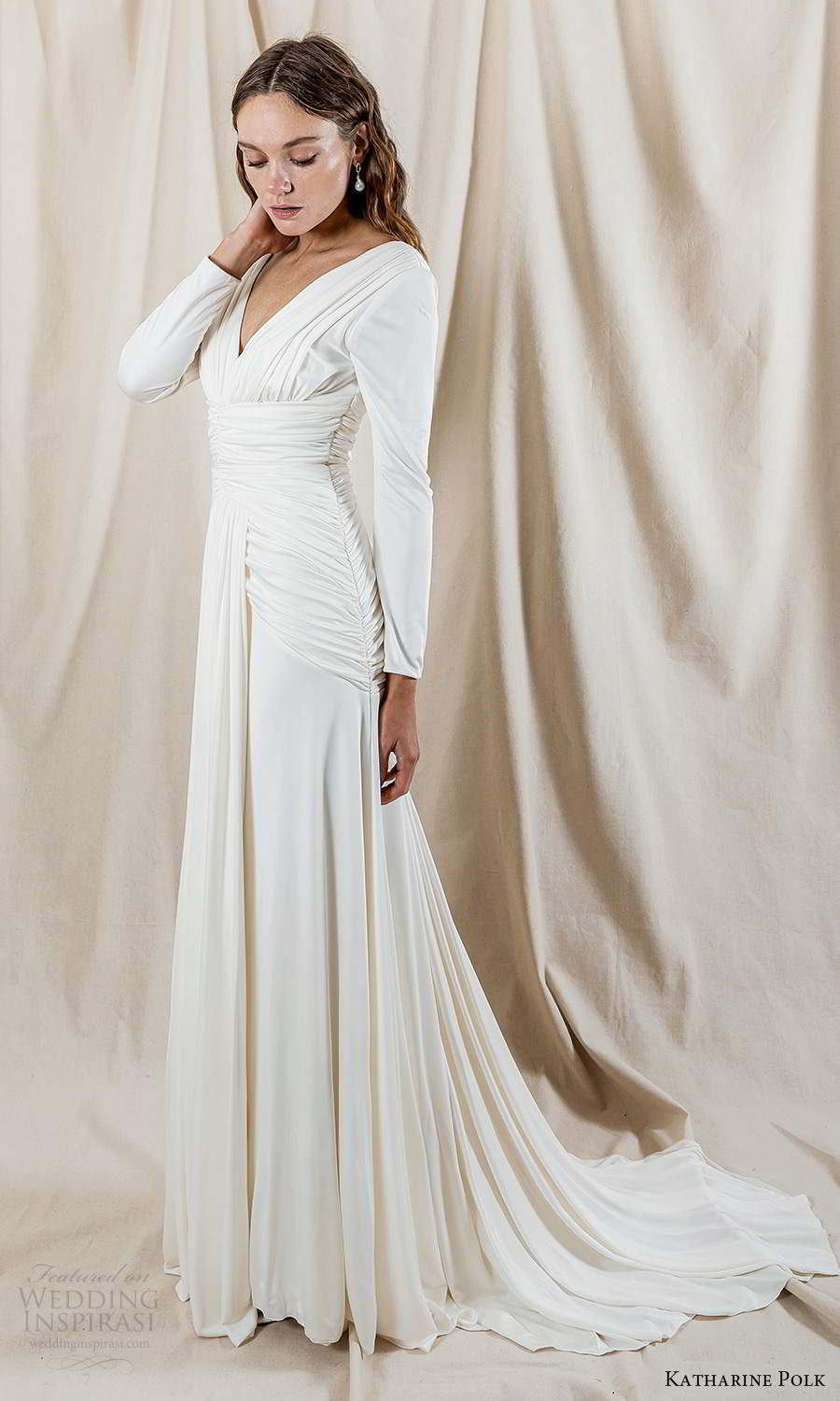 katharine polk 2021 bridal long sleeve v neckline ruched bodice clean minimalist column wedding dress chapel train (5) mv katharine polk 2021 bridal long sleeve v neckline ruched bodice clean minimalist column wedding dress chapel train (5) mv