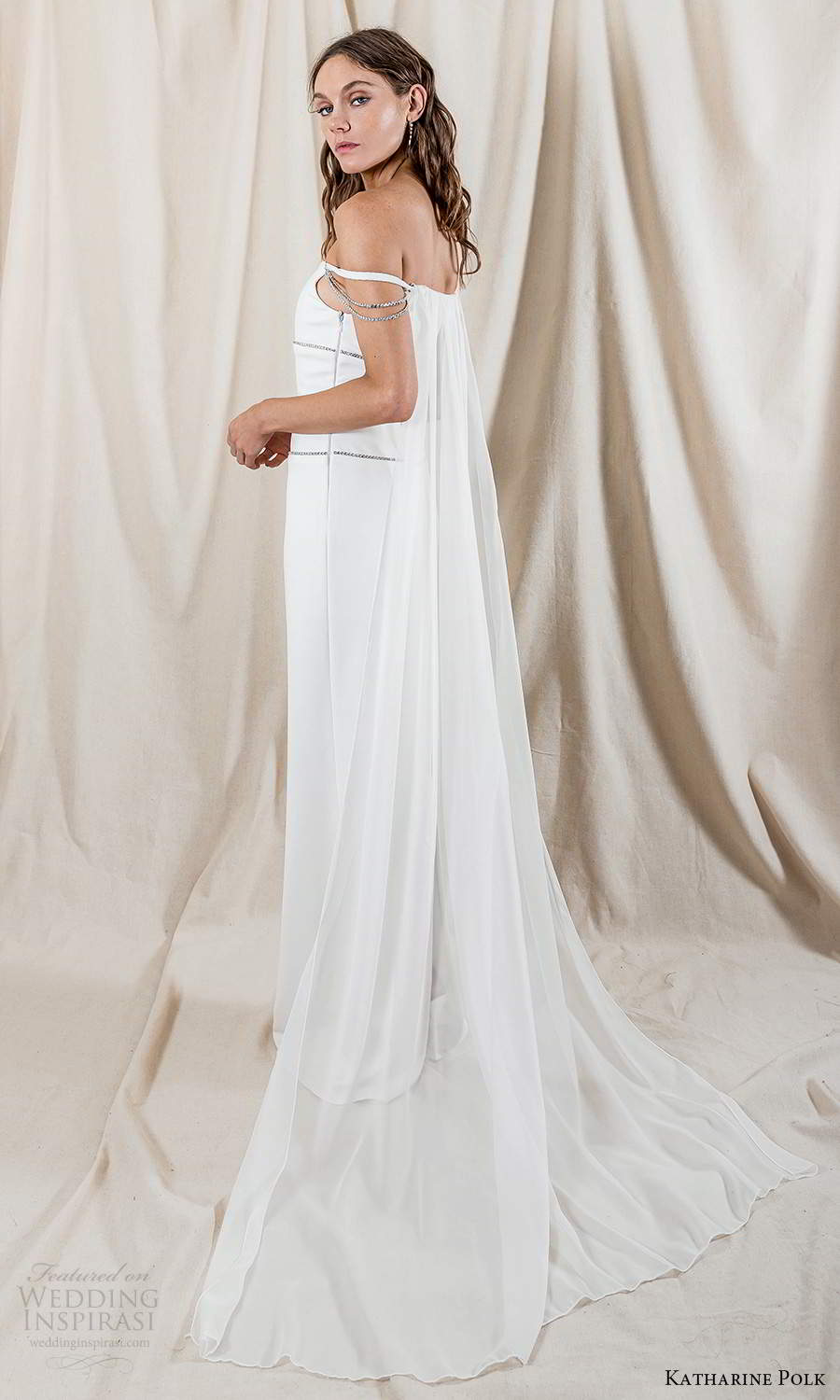 katharine polk 2021 bridal off shoulder straps staight across neckline minimalist column wedding dress slit back cape (2) bv