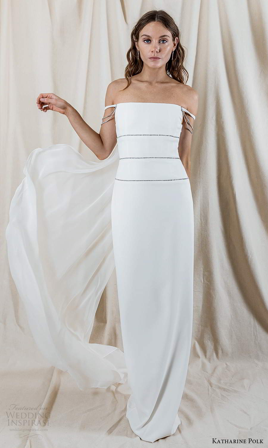 katharine polk 2021 bridal off shoulder straps staight across neckline minimalist column wedding dress slit back cape (2) fv