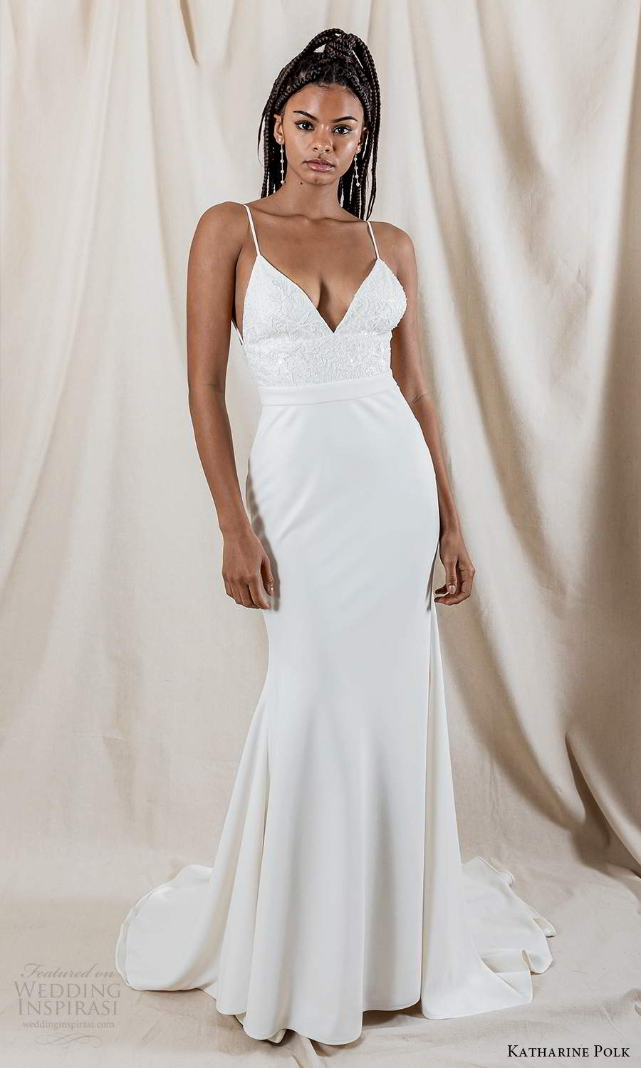 katharine polk 2021 bridal sleeveless spaghetti straps v neckline embellished bodice clean skirt sheath mermaid wedding dress sweep train (1) mv