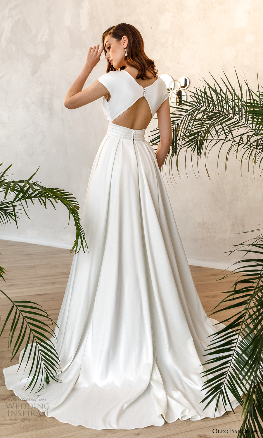 oleg baburow fall 2021 bridal cap sleeves plunging surplice v neckline clean minimalist a line wedding dress slit skirt chapel train keyhole back (10) bv